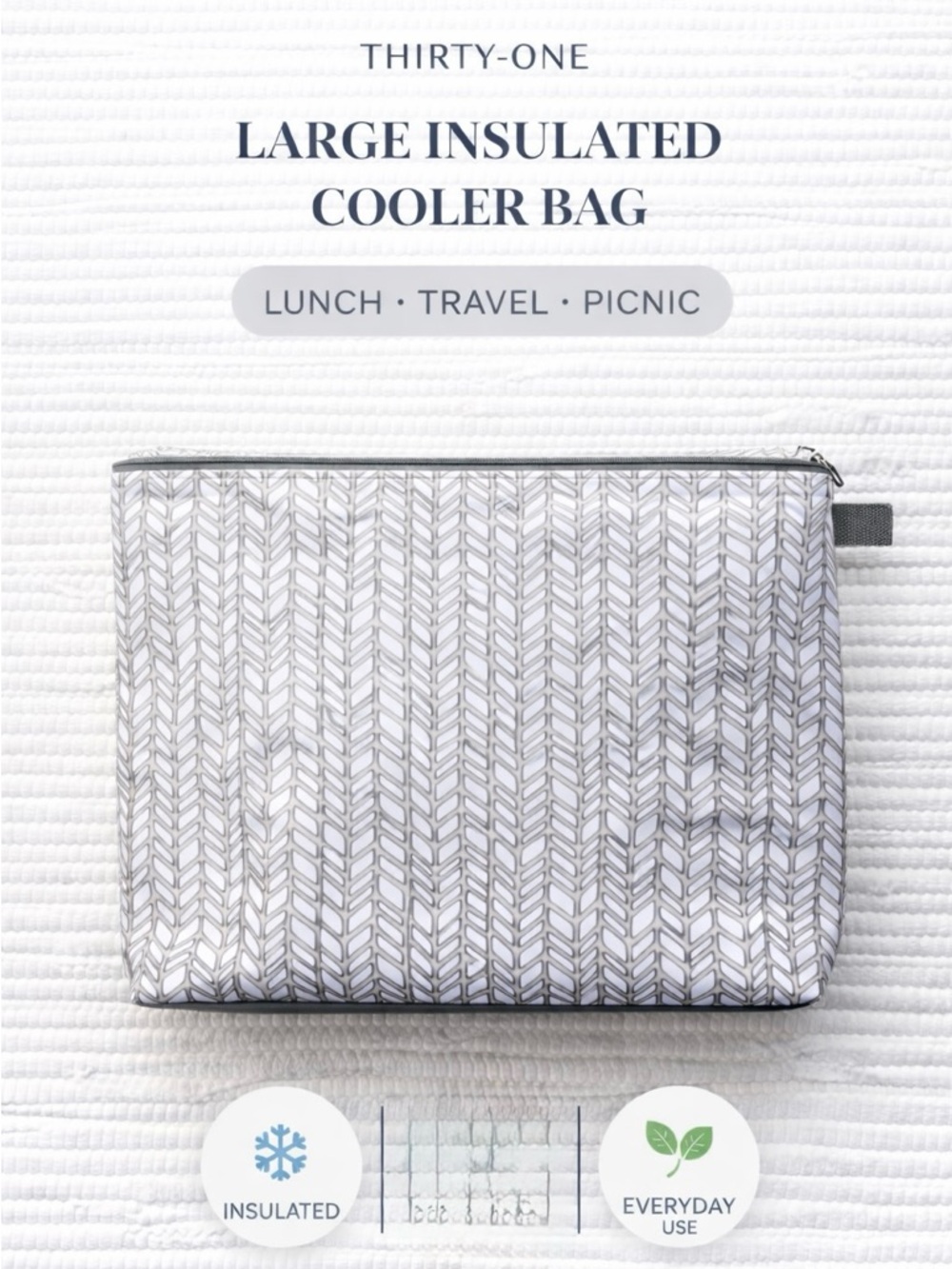 Thirty-One Large Insulated Cooler Bag Gray Print Lunch Picnic Travel